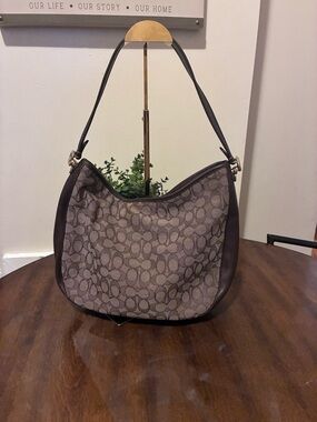 Coach Brown Signature Canvas Hobo Bag with smooth Brown Leather trim and strap